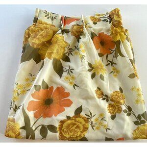 Vintage 60s pleated curtain, yellow orange floral sheer panel, bedroom bathroom